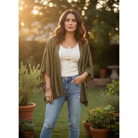 Free People Boho Kimono Jacket | Olive Green Flowy Duster Open Front Cottagecore - Picture 11 of 15